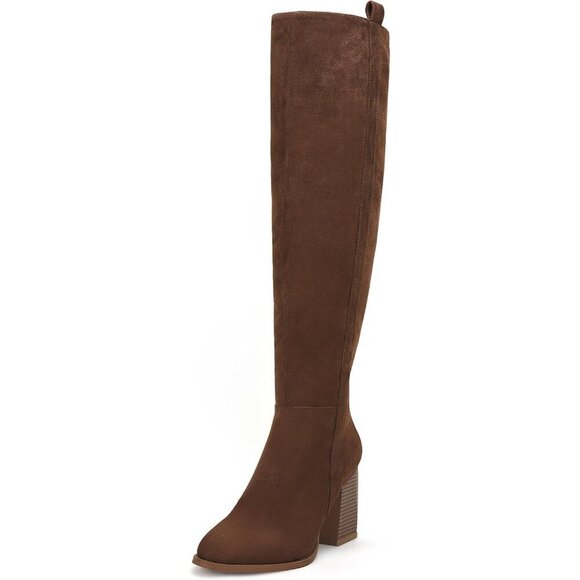 Shoes - Womens Coffee Faux Suede Knee High Side Zipper Chunky Heel Stretch Winter Boots